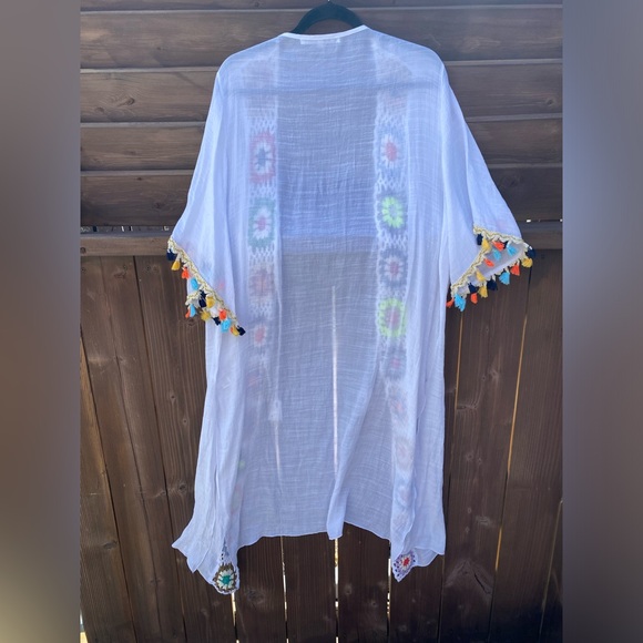 Cleo Multi-Colour Long Crochet Trim Kimono Womens White Size S - Picture 3 of 9
